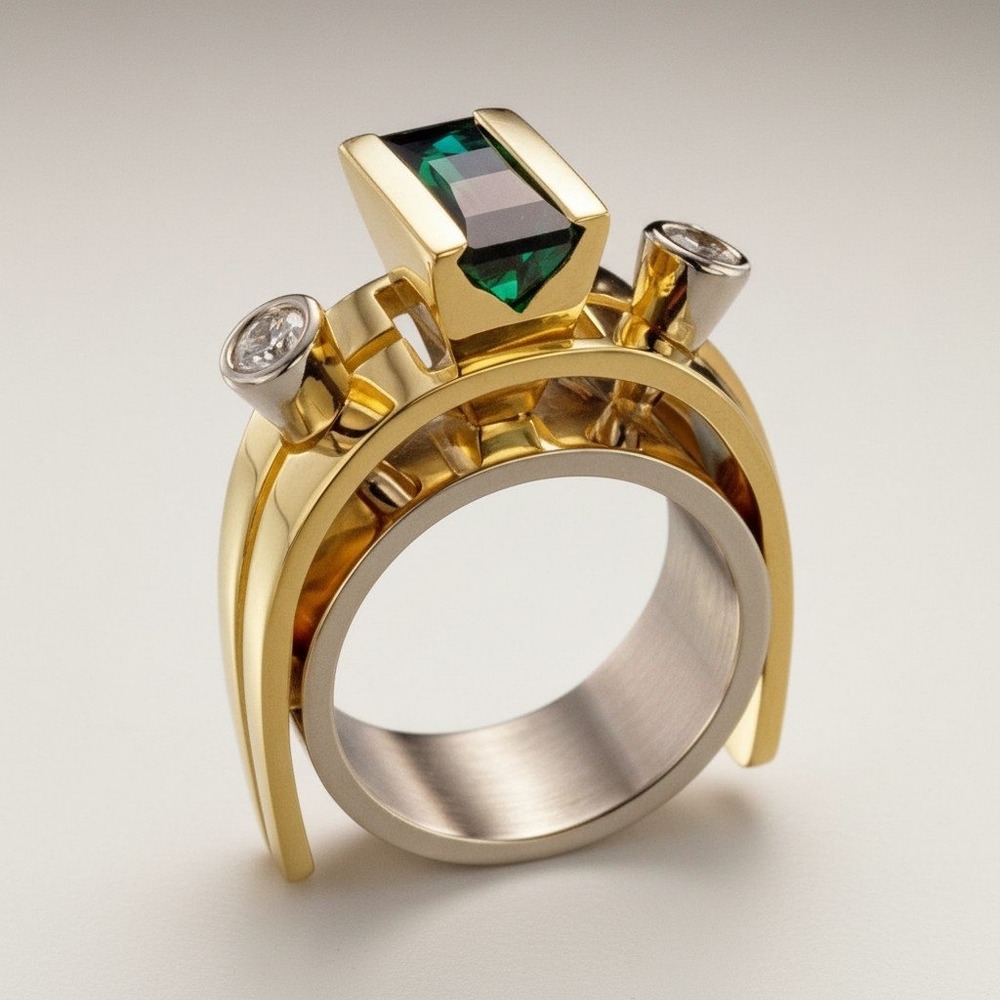 New Sz 7 Gold Green Geometric Futuristic Cubic Zirconia Ring Cocktail Floating